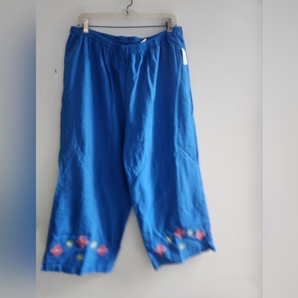 NWT Kim Rogers Blue Linen w/Floral Embroidery Pull On Ankle Pants size Large - Picture 1 of 8